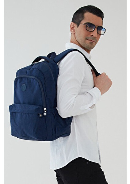 Unisex Krinkıl Su Geçirmez Kumaş Büyük Çok Gözlü Okul Seyahat Sırt Çantası Rosso Collina Lacivert