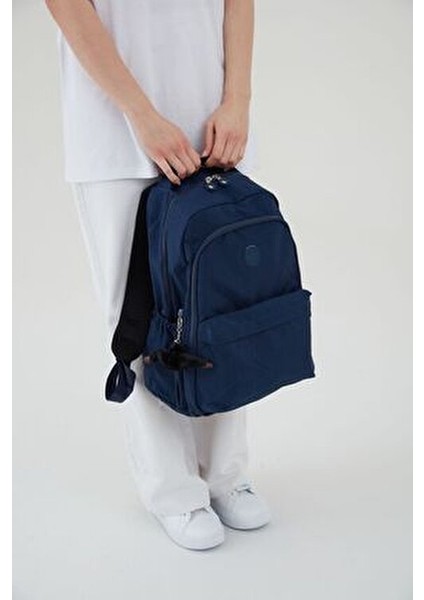 Unisex Krinkıl Su Geçirmez Kumaş Büyük Çok Gözlü Okul Seyahat Sırt Çantası Rosso Collina Lacivert