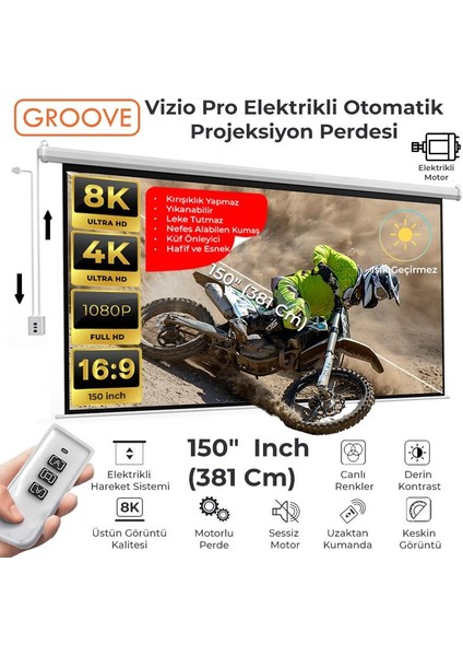 Vizio Pro 150¨ Inch Blackout Işık Geçirmez Elektrikli Otomatik Kumandalı Projeksiyon Perdesi 332X188CM +Motorlu+Canlı Renkler+Göz Koruması+Leke Tutmaz Projector