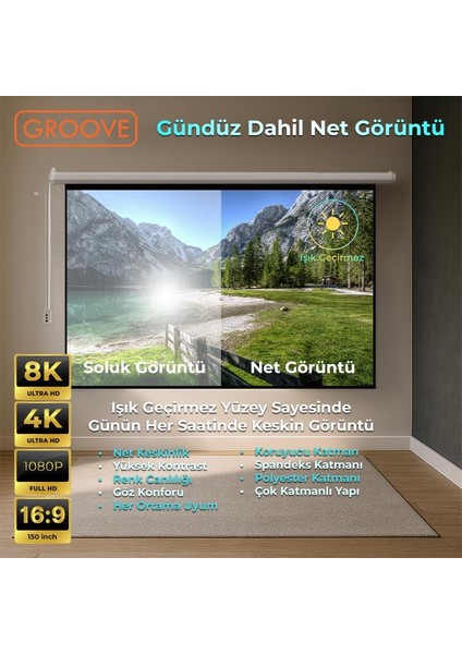 Vizio Pro 150¨ Inch Blackout Işık Geçirmez Elektrikli Otomatik Kumandalı Projeksiyon Perdesi 332X188CM +Motorlu+Canlı Renkler+Göz Koruması+Leke Tutmaz Projector modelleri
