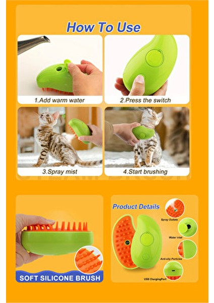 Buharlı Kedi ve Köpek Tarağı Otomatik Kauçuk Malzeme ile Kolay Kullanım