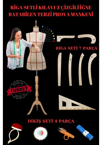 Riga ve Dikiş Setli Kılavuz Çizgili Terzi Mankeni Prova Mankeni (36-38-40 Beden )