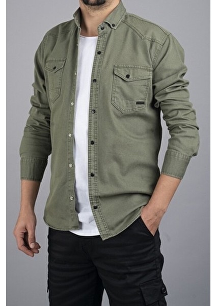 Slim Fit Erkek Pamuklu Kot Gömlek Yeşil
