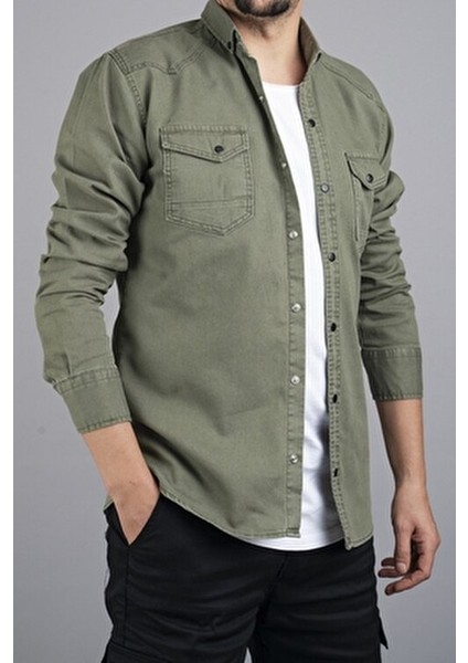 Slim Fit Erkek Pamuklu Kot Gömlek Yeşil modelleri