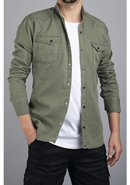 Slim Fit Erkek Pamuklu Kot Gömlek Yeşil fırsatları