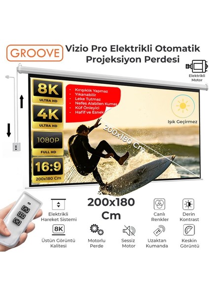 Vizio Pro 200X180CM Blackout Işık Geçirmez Elektrikli Otomatik Kumandalı Projeksiyon Perdesi +Motorlu+Canlı Renkler+Göz Koruması+Leke Tutmaz Projector