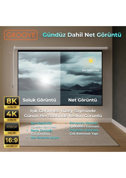 Vizio Pro 200X180CM Blackout Işık Geçirmez Elektrikli Otomatik Kumandalı Projeksiyon Perdesi +Motorlu+Canlı Renkler+Göz Koruması+Leke Tutmaz Projector modelleri