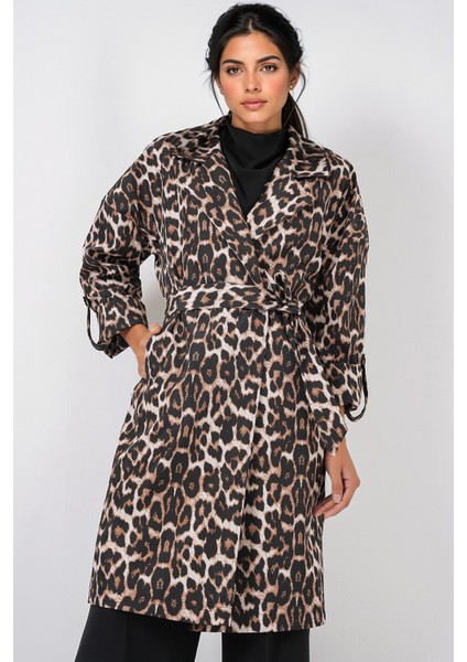 Kadın Bdart Desenli Polyester Trençkot, Şal Yaka Mocha Kahvesi