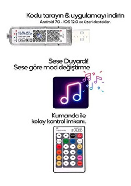 10 Metre Sese Duyarlı Rgb LED Işık - 5V USB Girişli, Bluetooth Uygulamalı Uzaktan Kumandalı fırsatları
