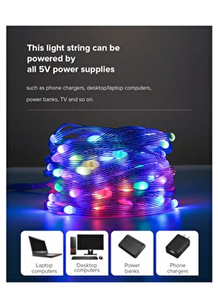 10 Metre Sese Duyarlı Rgb LED Işık - 5V USB Girişli, Bluetooth Uygulamalı Uzaktan Kumandalı