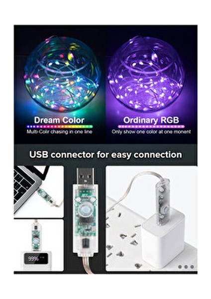 10 Metre Sese Duyarlı Rgb LED Işık - 5V USB Girişli, Bluetooth Uygulamalı Uzaktan Kumandalı
