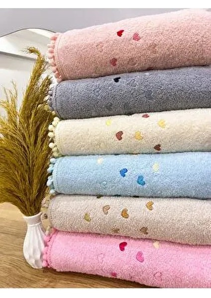 6'lı Kalp Işlemeli Ponponlu Çeyizlik 50X90 El Yüz Havlu Seti