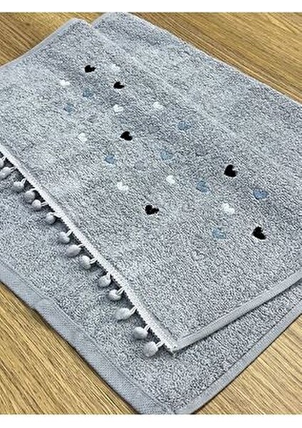 6'lı Kalp Işlemeli Ponponlu Çeyizlik 50X90 El Yüz Havlu Seti