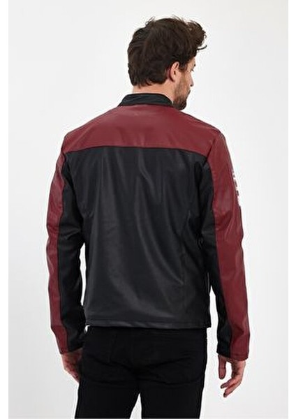 Erkek Baskılı Motorcu Ceket Deri Garnili Yarışçı Mont Fermuarlı ve Çıtçıtlı Kolej Montu Bomber Ceket