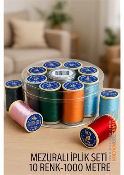 Modacar Dikiş Ipliği Seti - 10 Renk 1000 mt Kutulu Mezuralı Dikiş Seti