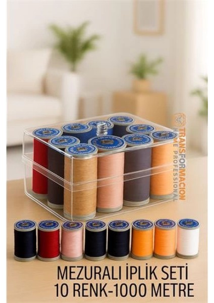 Modacar Dikiş Ipliği Seti - 10 Renk 1000 mt Kutulu Mezuralı Dikiş Seti