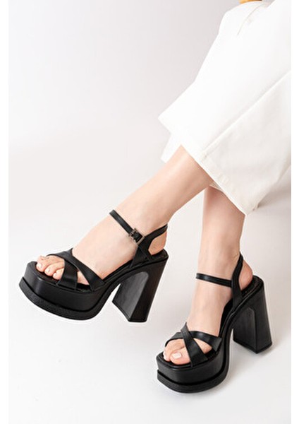 Kadın Çapraz Bantlı (12 cm) Platformlu Topuklu Ayakkabbı Siyah