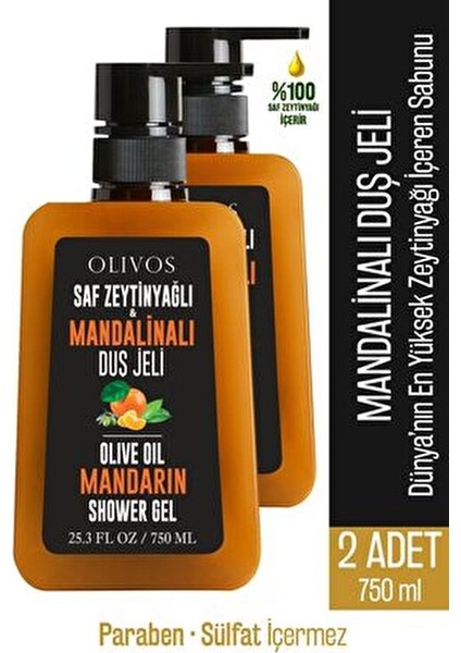 Doğal Zeytinyağlı Mandalina Kokulu Banyo Duş Jeli Zeytinyağı Mandalinalı Nemlendirici 2 Adet 750ML