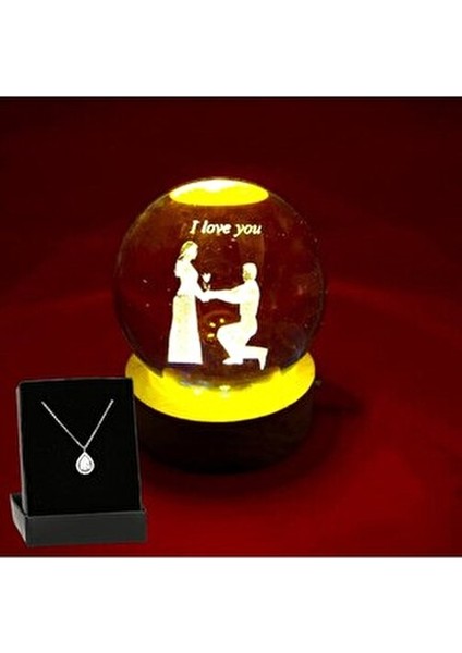 Ahşap Stand'lı Evlilik Teklif Eden Işıklı Cam Küre ve Damla Kolye