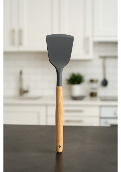 Silikon Servis Spatula Yanmaz Yapışmaz Isıya Dayanıklı Mutfak Spatulası Bambu Saplı 32 cm fiyatları