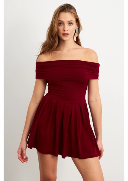 Kadın Bordo Madonna Yaka Midi Elbise MON1262-1