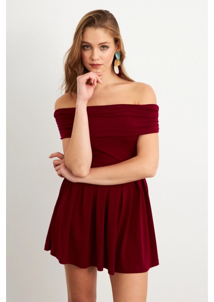 Kadın Bordo Madonna Yaka Midi Elbise MON1262-1 fiyatları