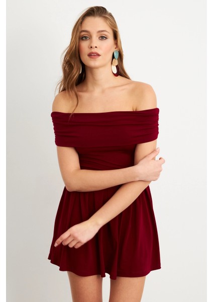 Kadın Bordo Madonna Yaka Midi Elbise MON1262-1 modelleri