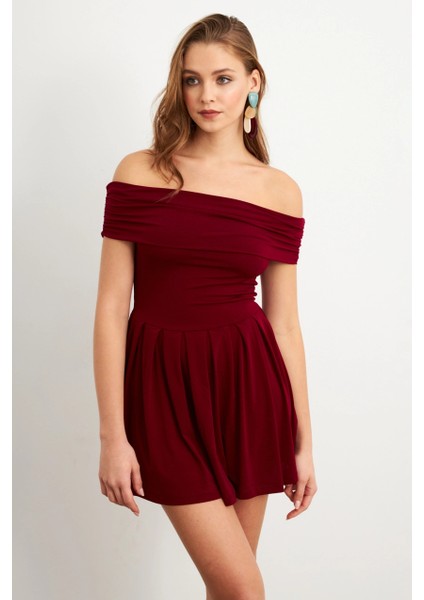 Kadın Bordo Madonna Yaka Midi Elbise MON1262-1 indirimleri