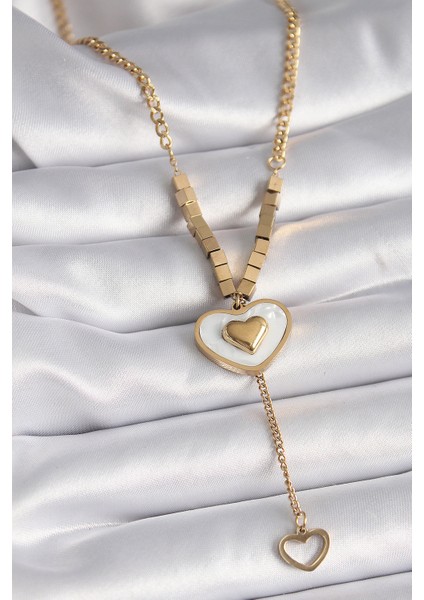 316L Çelik Gold Renk Beyaz Sedefli Kalp Model Sallantı Detay Kadın Ke