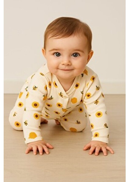 Unısex Bebek Safari ve Arı Baskılı Çıtçıtlı Yenidoğan Bebek Tulumu %100 Pamuk Esnek 1-3-6 Aylık fiyatları