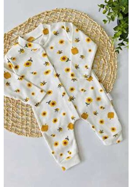 Unısex Bebek Safari ve Arı Baskılı Çıtçıtlı Yenidoğan Bebek Tulumu %100 Pamuk Esnek 1-3-6 Aylık indirimleri