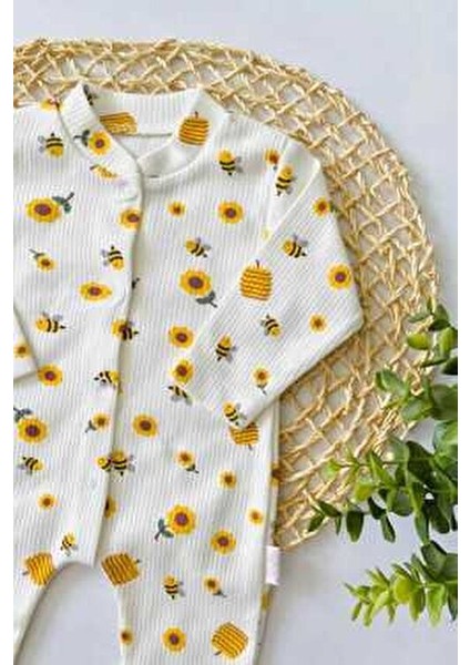 Unısex Bebek Safari ve Arı Baskılı Çıtçıtlı Yenidoğan Bebek Tulumu %100 Pamuk Esnek 1-3-6 Aylık