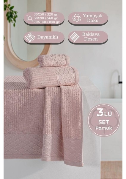 Cumba %100 Pamuk 3’lü Havlu Takımı - 30X50, 50X90, 70X140