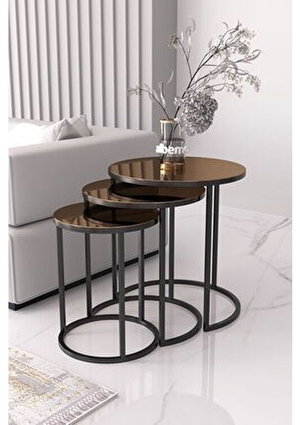 Usta Siyah Metal Bronz Aynalı Zigon Sehpa