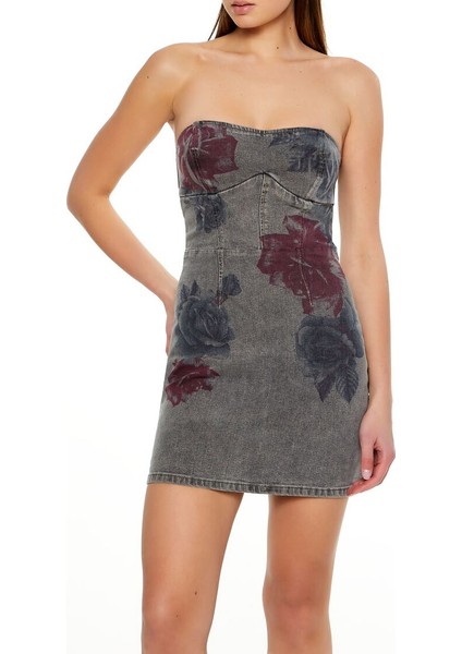 Çiçek Desenli Denim Mini Elbise