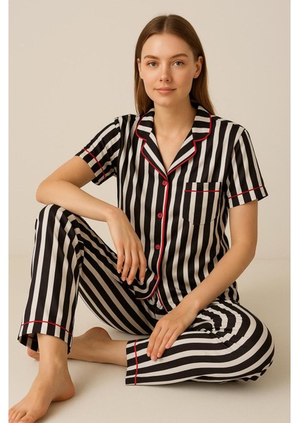 Kadın Pamuklu Siyah Çizgili Pijama Takımı