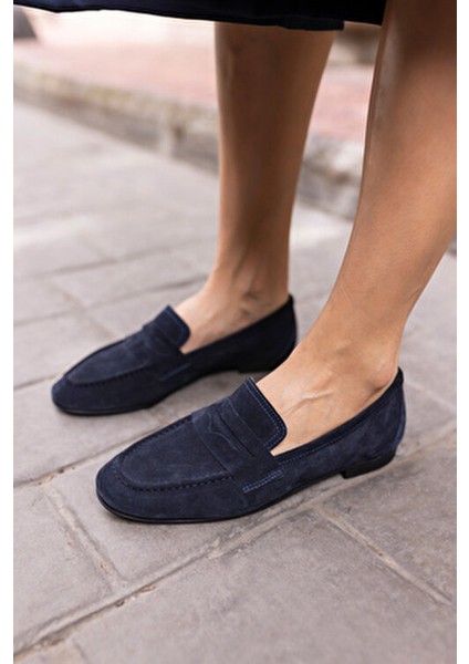 Otton Kadin Lacivert Gercek Suet Loafer Babet