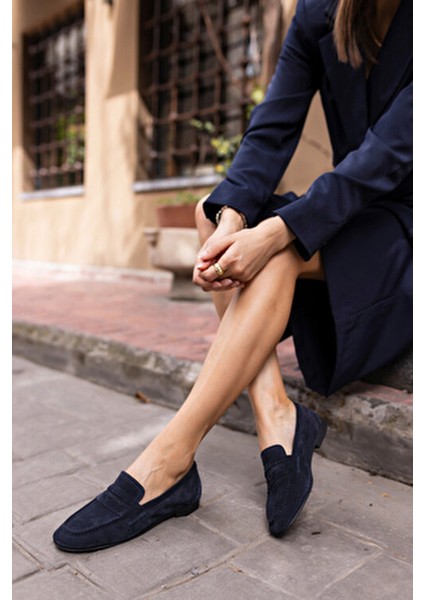 Otton Kadin Lacivert Gercek Suet Loafer Babet fiyatları