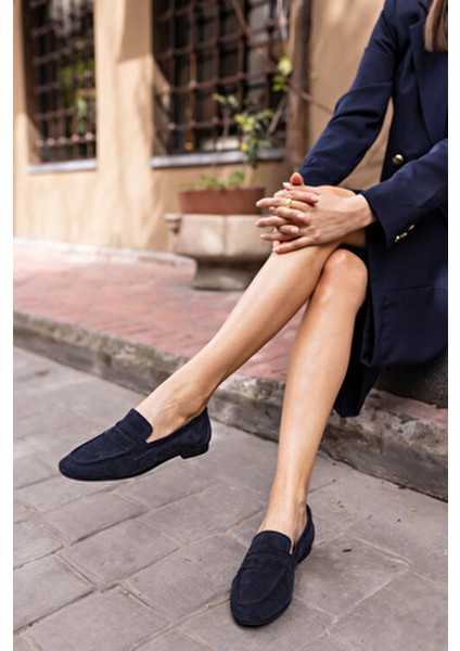 Otton Kadin Lacivert Gercek Suet Loafer Babet modelleri