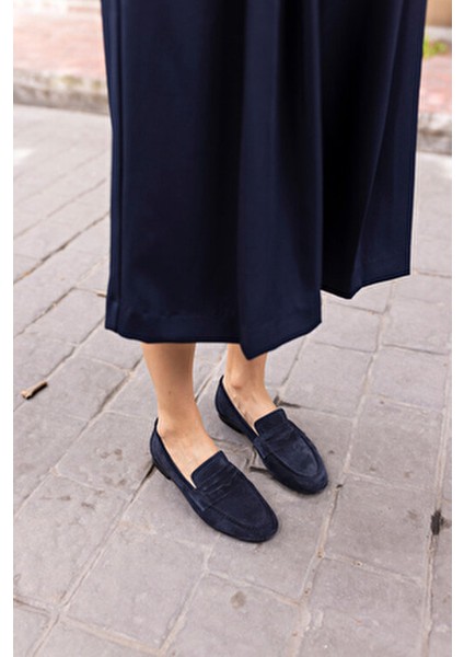 Otton Kadin Lacivert Gercek Suet Loafer Babet