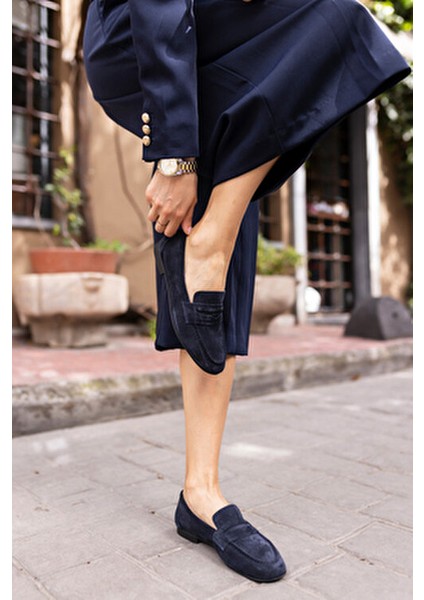 Otton Kadin Lacivert Gercek Suet Loafer Babet