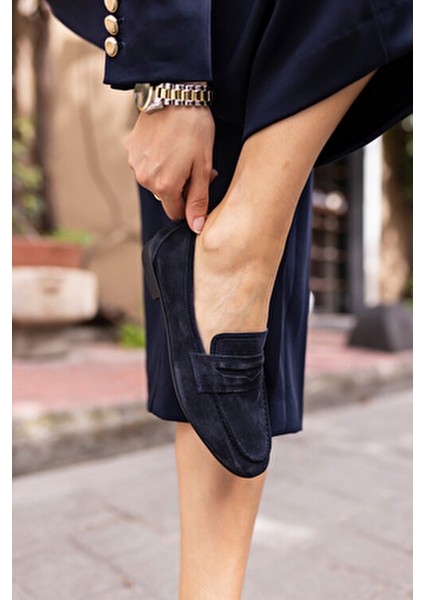 Otton Kadin Lacivert Gercek Suet Loafer Babet