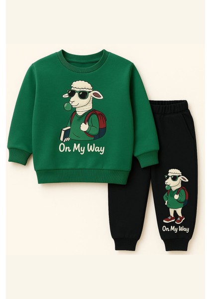 Erkek Çocuk Paçası Kuzu Desenli Eşofman Takımı Yeşil