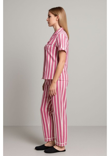 Kadın Pamuklu Beyaz Çizgili Pijama Takımı