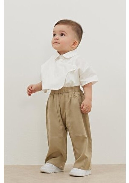 Çift Iğne Pantolon Unisex Kullanıma Uygun Düz Desen Koyu Krem