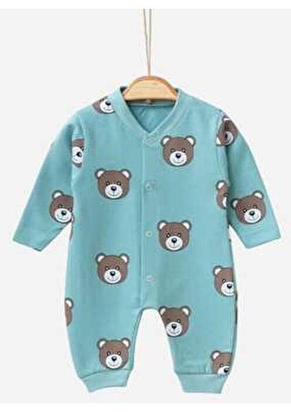 Unısex Bebek Ayıcıklı Baskılı Çıtçıtlı Yenidoğan Bebek Tulumu %100 Pamuk Esnek 1-3-6 Aylık