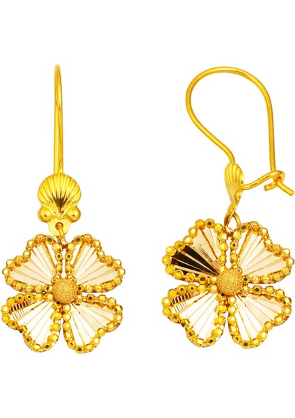 Pırıltılı Yonca Sallantılı Altın Küpe 14 Ayar