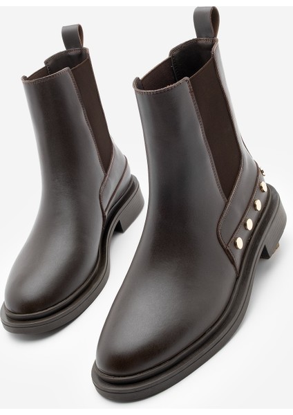 Kadın Altın Zımba Detaylı Çift Lastikli Günlük Bot Pamer Kahve