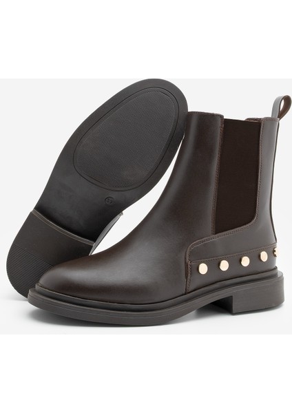 Kadın Altın Zımba Detaylı Çift Lastikli Günlük Bot Pamer Kahve