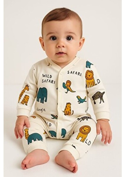 Unisex Bebek Tulumu %100 Pamuk Esnek Safari Baskılı Çıtçıtlı 1-3-6 Aylık